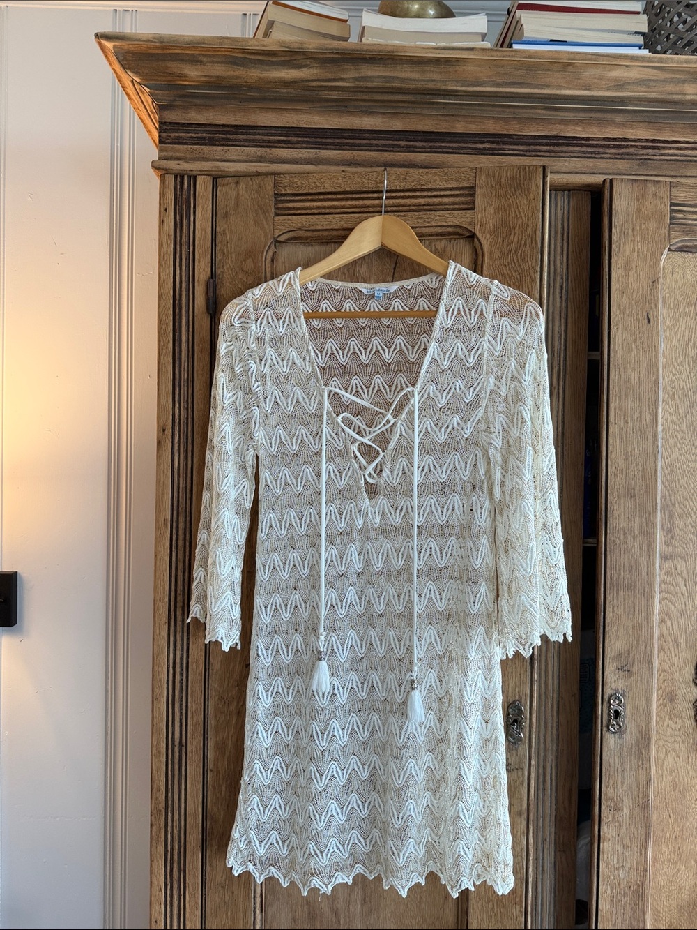 Women’s Ivory Crochet Swim Cover-Up Tunic with Lace-Up Neck